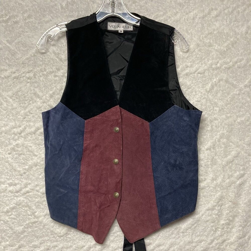 Vintage Voyageur Suede Vest Color Block Patchwork Women's Western Retro Size M